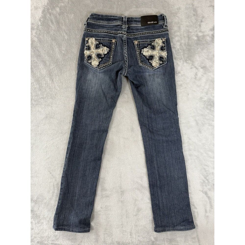 Grace in LA Jeans Womens 26x28 Blue Denim Straight Bling Embroidered Pockets